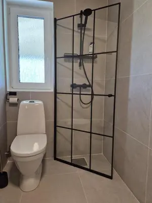 a bathroom with a toilet and a glass shower at Chausseen Apartments in Krogsti