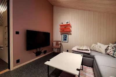 a living room with a couch and a flat screen tv at Huset ved skogen in Isfjorden