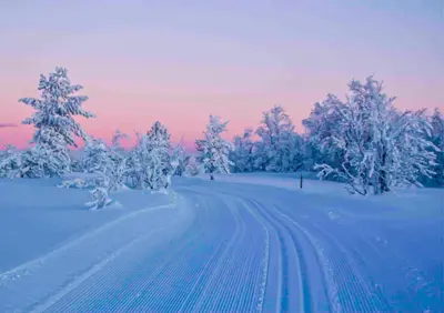 a snow covered road with snow covered trees and a sunset at Skåbu Fjellhotell in Skåbu