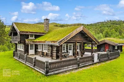 a log cabin with a grass roof at Luxury Cabin at Nesfjellet with sauna, bbq, close to ski & golf in Nes i Ådal