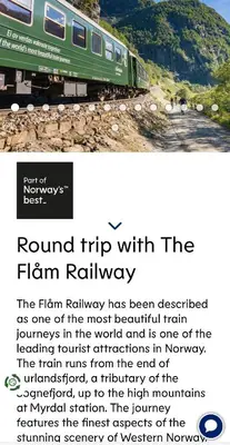 a flyer for a train traveling on the train tracks at Gjestehus i Sogndal med utsikt over fjord og fjell in Sogndal