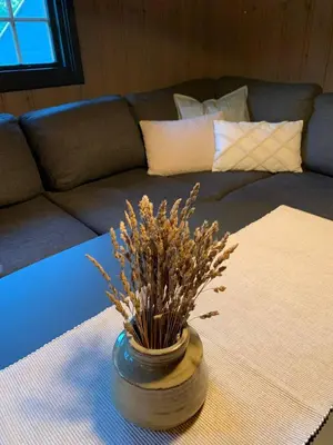 a vase with dried flowers on a table in front of a couch at Enok Hytter & Resort in Liagardane
