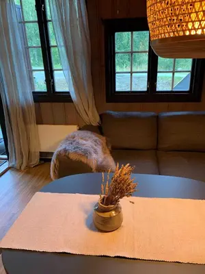 a living room with a table and a couch at Enok Hytter & Resort in Liagardane