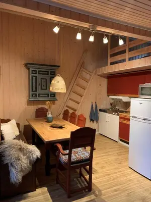 a kitchen with a wooden table and a refrigerator at Enok Hytter & Resort in Liagardane