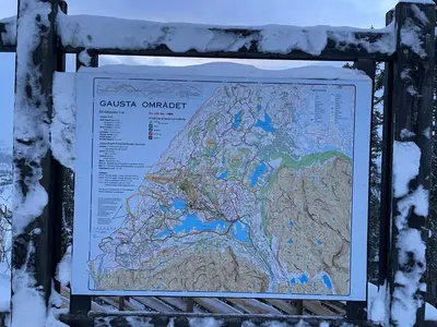 a map of the calusa outbreak is covered in snow at Astonishing Mountain Lodge at the top of Gaustablikk, 25m2 west facing terrace, 3 bedrooms in Gaustablikk