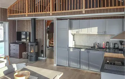 a kitchen with stainless steel appliances and wooden ceilings at 3 Bedroom Gorgeous Home In Brøttum