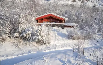 a cabin in the snow with snow covered trees at Awesome Home In Hemsedal With Wifi in Hemsedal