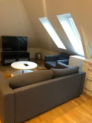 a living room with a couch and a table at Fløyen Apartment in Bergen