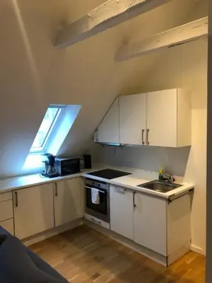 a kitchen with white cabinets and a sink and a window at Fløyen Apartment in Bergen