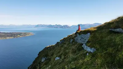 a person standing on a cliff overlooking the ocean at Haramsøy Holiday Apartment- Island Life North in Haram