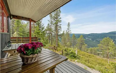 a basket of flowers sitting on a wooden table on a porch at 3 Bedroom Amazing Home In Eggedal in Eggedal