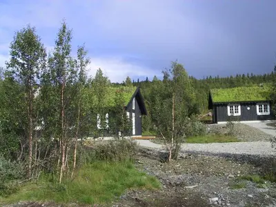 a small house with a green roof with a gravel road at Gålå Fjellhytter in Gålå