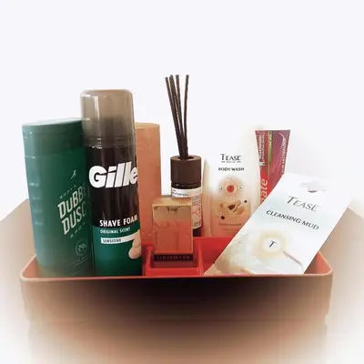 a shelf with a bunch of products on it at Adorable 1-bedroom apartment with a fantastic view - Free Parking in Trondheim
