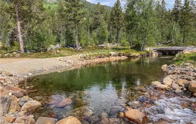 a river with rocks and a bridge in a forest at 3 Bedroom Gorgeous Home In Bykle in Bykle