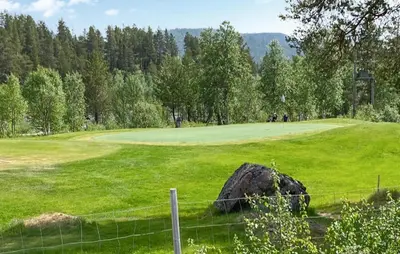 a golf course with a large rock in the grass at 3 Bedroom Gorgeous Home In Bykle in Bykle