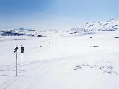 a pair of ski poles in the snow at Tangen - cabin with 4 bedrooms - great nature in Norheimsund