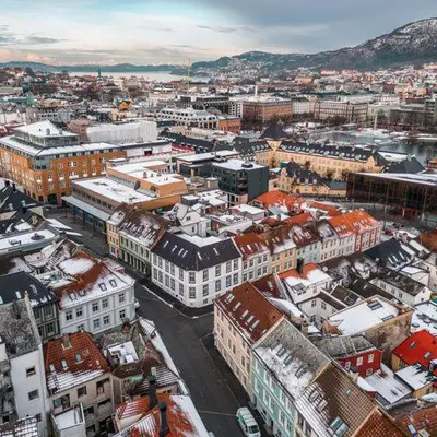 an aerial view of a city with buildings at Holmboe Apartment in Bergen
