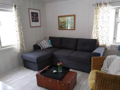 a living room with a couch and a table at Furuly vakantiehuis in Vingelen