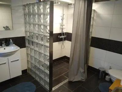 a bathroom with a shower and a toilet and a sink at Furuly vakantiehuis in Vingelen