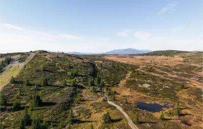 an aerial view of a field with trees and a road at Stunning View In Holiday Home in Gol