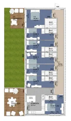 a floor plan of a building with a field at Norpark Romutleie in Orkanger