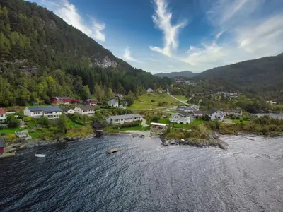 an aerial view of a town next to a river at Leirvik i Sogn-Apartment in Leirvik