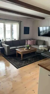 a living room with a couch and a coffee table at Gaustablikk - ski in & out apartment - Mountain View in Gaustablikk