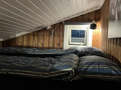 a bed in a room with at Koselig hytte med uteplas ved Hallingdalselva in Ål