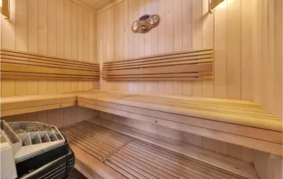 a sauna with wood paneled walls and wooden benches at Beautiful Home In Rjukan With Sauna in Rjukan