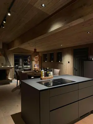 a kitchen with an island in the middle of a room at New mountain lodge - Geilo-Kikut - Great location in Geilo