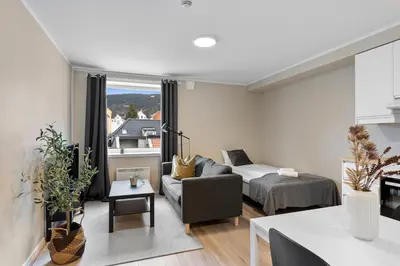 a living room with a couch and a bed in a room at Forenom Serviced Apartments Bergen Skottegaten in Bergen