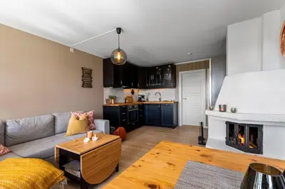a living room with a couch and a fireplace at Bjødnabakkens innbydende in Beitostøl