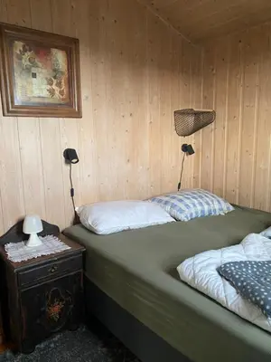 two beds in a wooden room with two lamps at Cabin in the Mountain, with Solar Energy in Slidre
