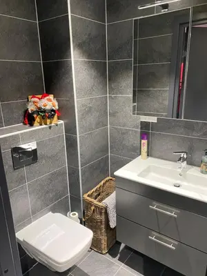 a bathroom with a sink and a toilet and a mirror at Leilighet med panoramautsikt Sjusjøen Innendørs parkering in Sjusjøen