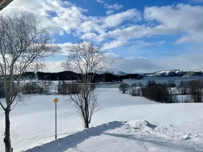 a snowy field with two trees in the snow at Nye Heimen Overnatting in Namsos
