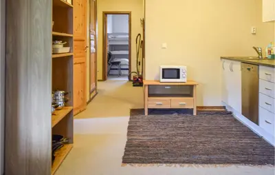a kitchen with a desk with a microwave on it at Hovden Alpin Apartments in Hovden