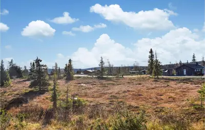 a field with trees and houses in the background at Nice Home In Sjusjoen in Sjusjøen