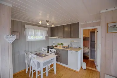 a kitchen with a table and chairs in a room at Kvetos fjellgårdsutsikt in Beitostøl