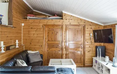 a living room with wooden walls and a leather couch at Stunning Home In Førde I Hordaland in Lier