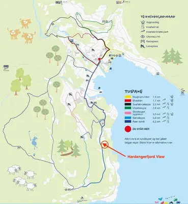 a map of the trail with the locations of landmarks at Hardangerfjord View - luxury fjord-side holiday home in Øystese