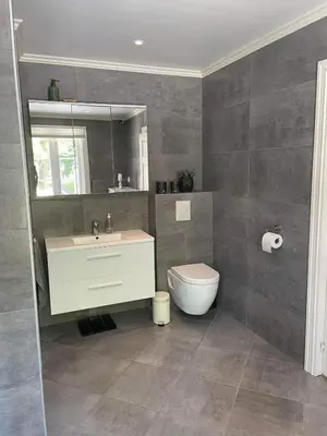 a bathroom with a sink and a toilet at Sandstad, Lilleby i Trondheim in Trondheim